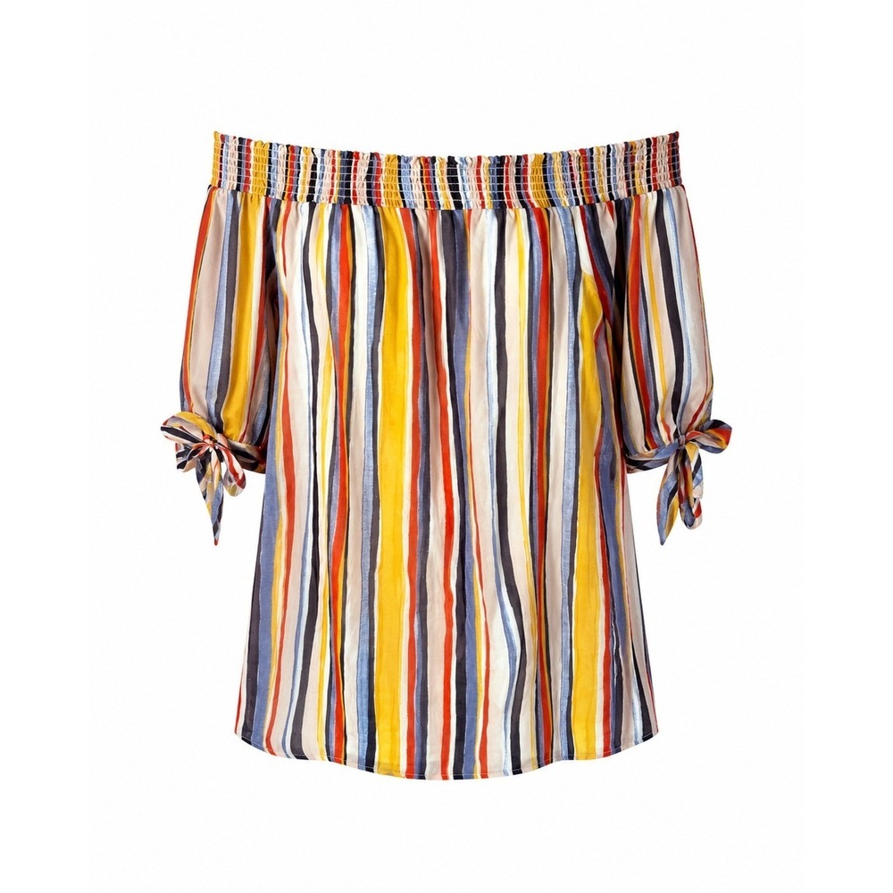 a.n.a Striped Off-The-Shoulder lightweight Smocked Boho Top Womens XL MultiColor